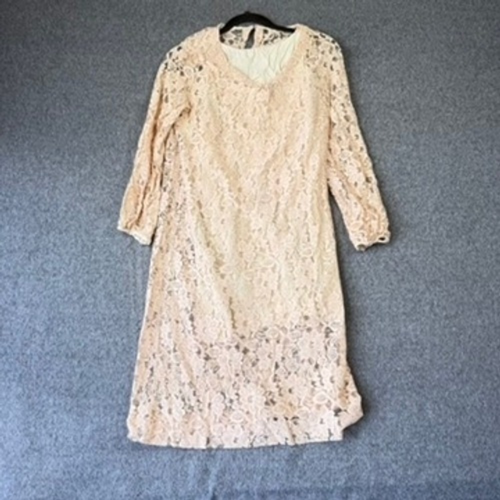 Vintage 60s Jerrie Lurie Peach Floral Lace Long Sleeve Shift Dress Womens